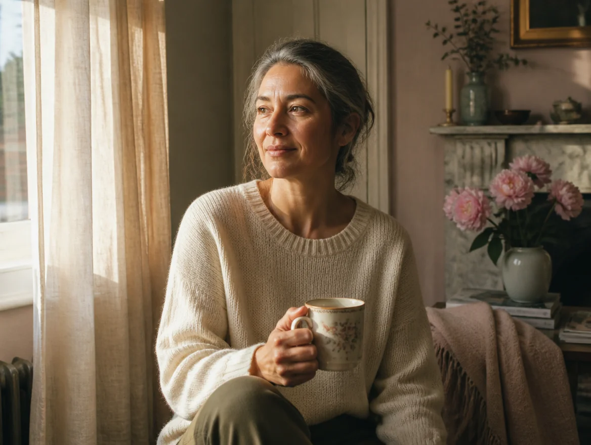 A woman in her early fifties sitting calmly by a window with a cup of tea, contemplative morning light